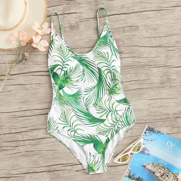 

Random Palm Print Backless One Piece Swimsuit
