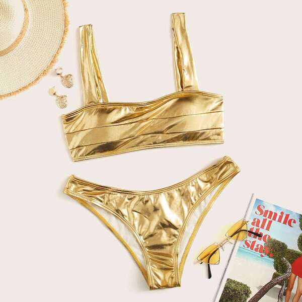 

Seam Detail Metallic Bikini Set, Gold bright
