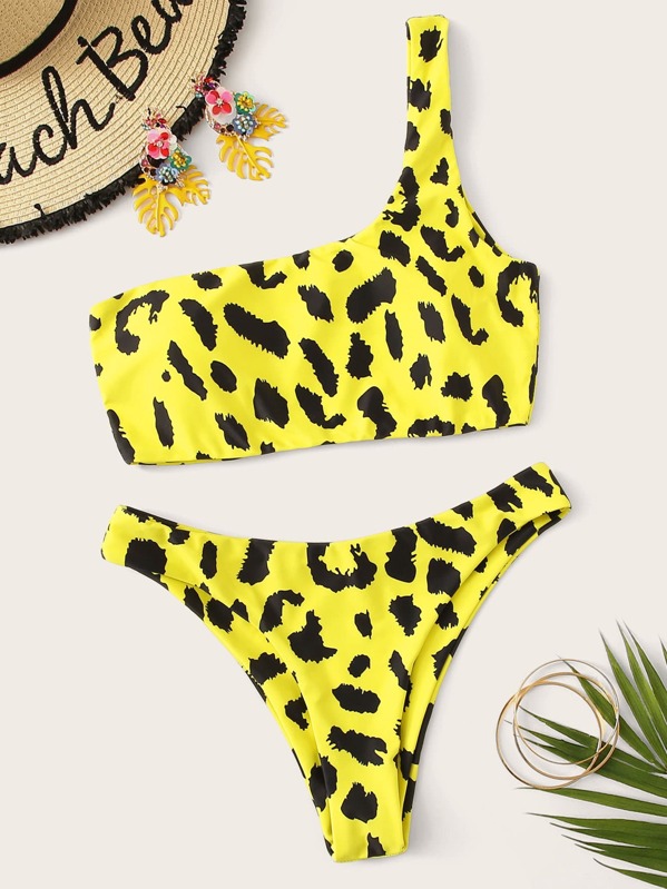 

Leopard Print One Shoulder Bikini Set, Yellow