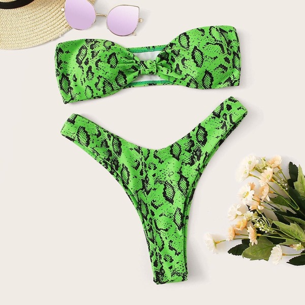 

Snakeskin Bandeau Top With High Leg Bikini Set, Green bright