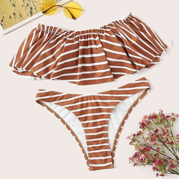 

Striped Flounce Bardot Bikini Set