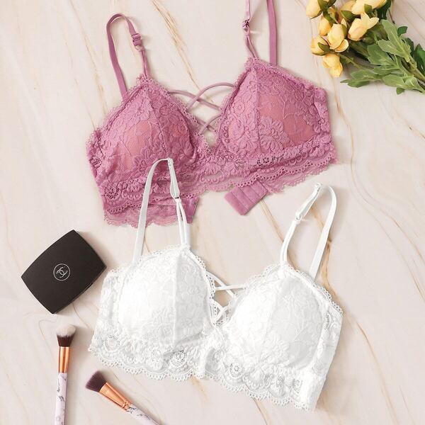 

Scalloped Trim Floral Lace Bra Set 2pack