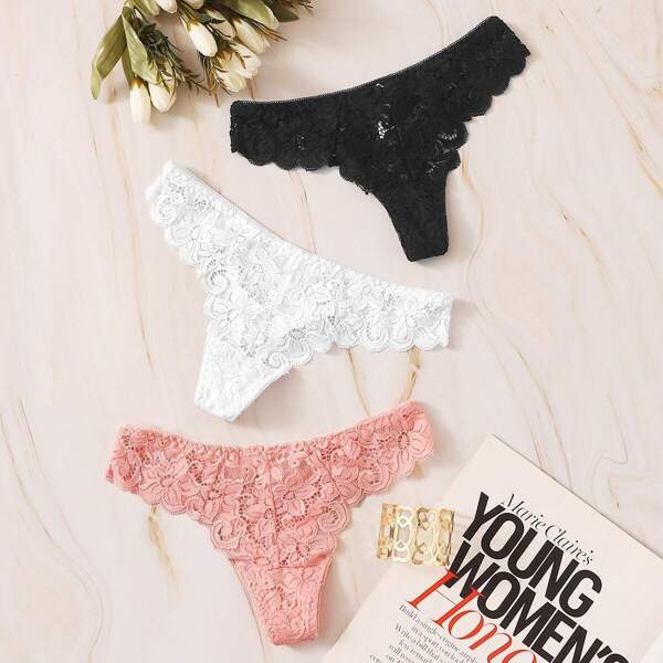 

Scalloped Trim Floral Lace Panty Set 3pack, Multicolor
