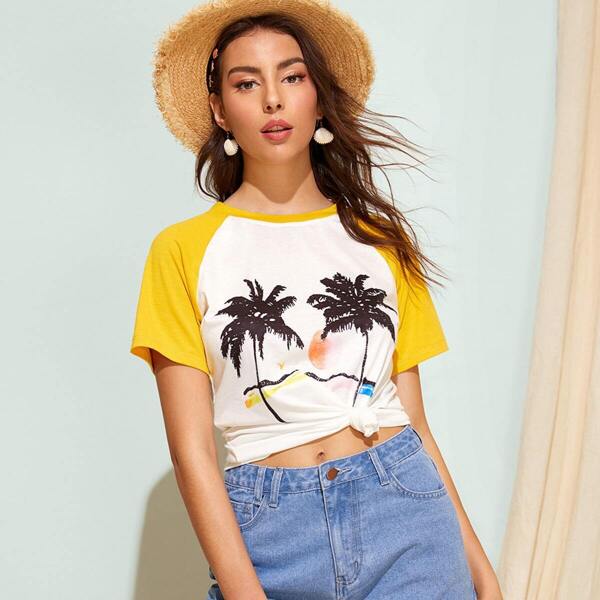 

Coconut Tree Print Baseball Tee, Multicolor