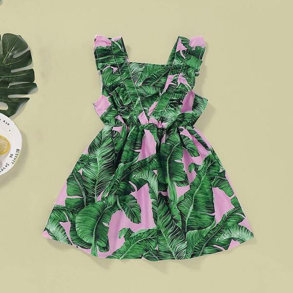 

Toddler Girls Tropical Print Elastic Waist Dress, Green