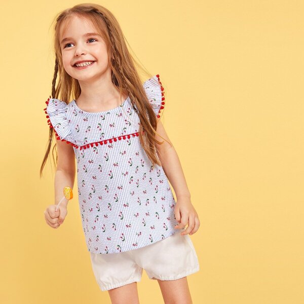 

Toddler Girls Contrast Lace Ditsy Floral Striped Blouse, Blue