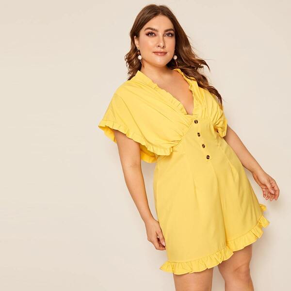 

Plus Button Front Ruffle Trim Romper, Yellow