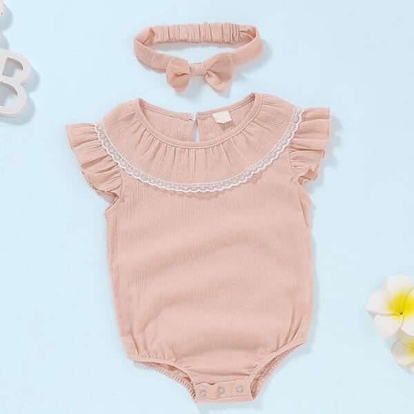 

Baby Contrast Lace Frill Trim Popper Romper With Headband