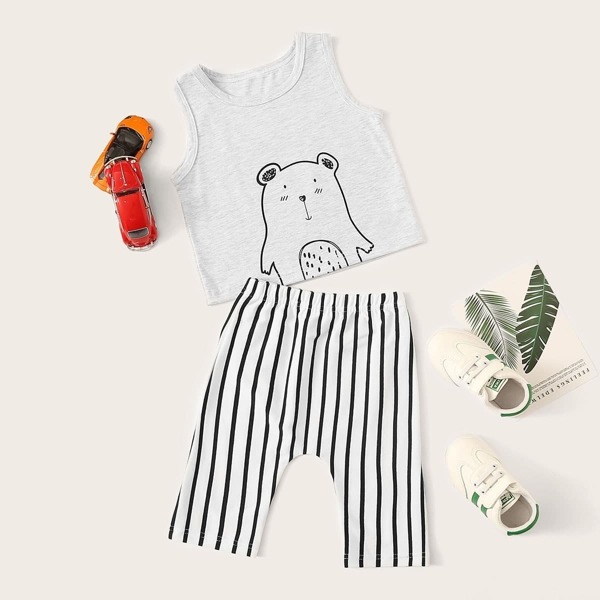 

Baby Cartoon Print Tank Top With Striped Pants