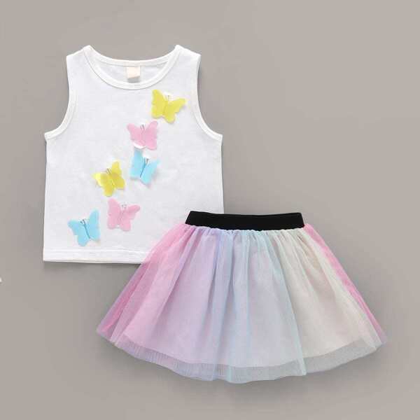 

Baby Butterfly Patched Tank Top With Contrast Mesh Skirt, Multicolor