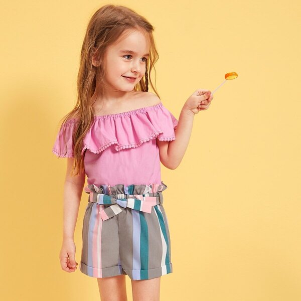 

Toddler Girls Contrast Lace Ruffle Blouse With Paperbag Waist Shorts, Multicolor