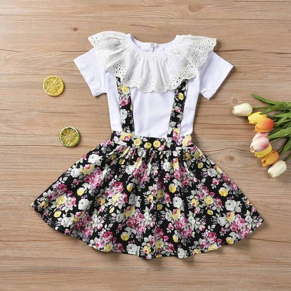 

Toddler Girls Contrast Schiffy Tee With Floral Print Skirt