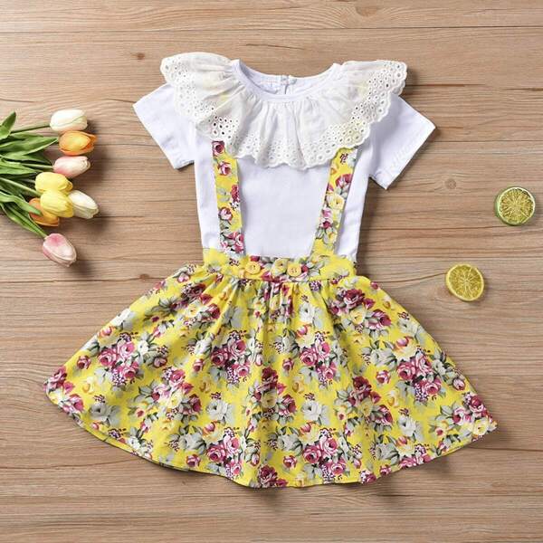

Toddler Girls Contrast Schiffy Tee With Floral Print Skirt, Multicolor