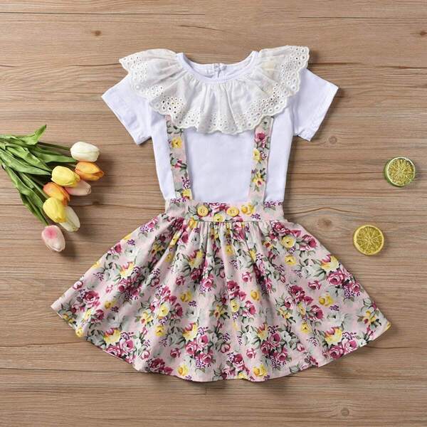 

Toddler Girls Contrast Schiffy Tee With Floral Print Skirt