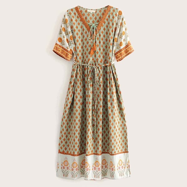 

Tie Front Lace-up Floral Print Dress