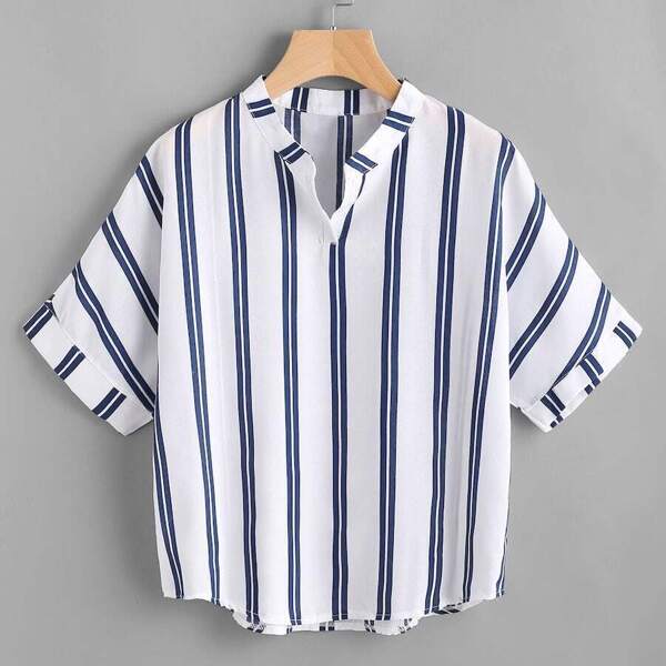 

Plus Rolled Trim Striped Blouse