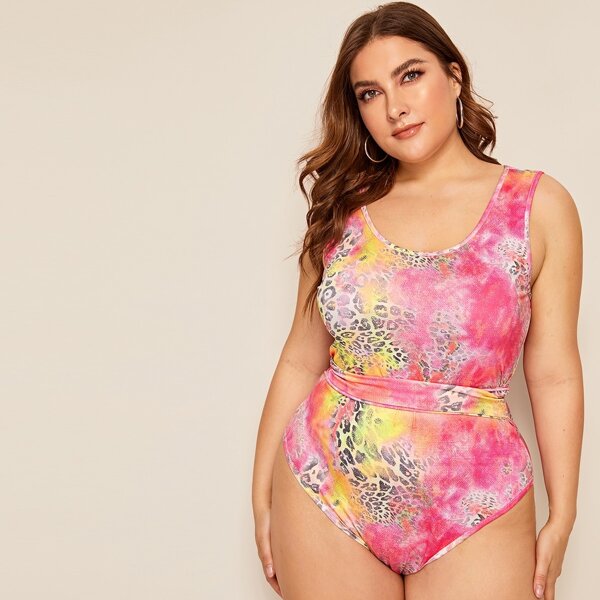 

Plus Tie Dye Leopard Print Knot Bodysuit