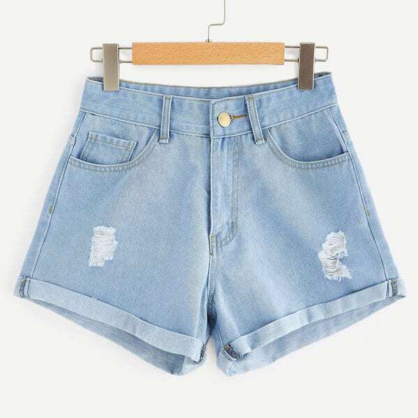 

Plus Rolled Trim Ripped Denim Shorts