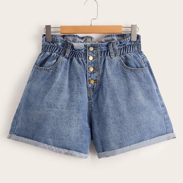 

Plus Button Rolled Trim Denim Shorts, Blue