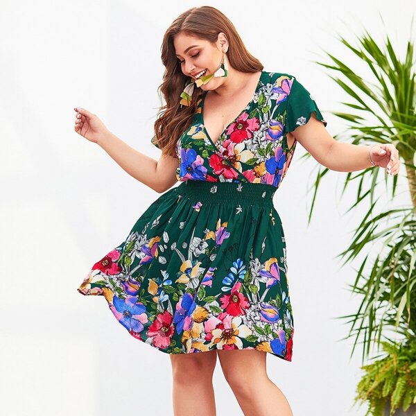 

Plus Surplice Front Floral Print Shirred Dress, Multicolor