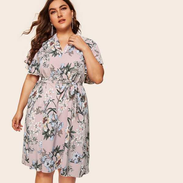 

Plus Floral Print Self Tie Dress, Multicolor