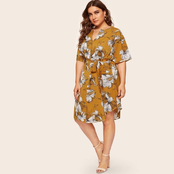 

Plus Floral Print Self Tie Dress