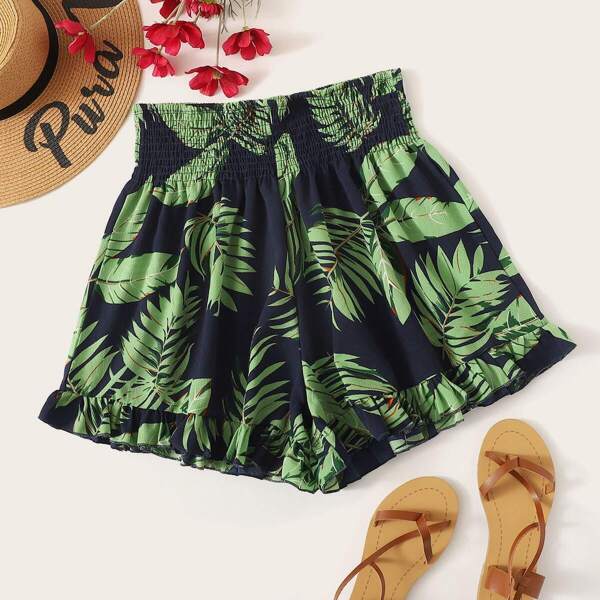 

Plus Leaf Print Ruffle Hem Shirred Shorts