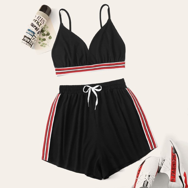 

Plus Contrast Striped Cami Top With Knot Shorts, Black