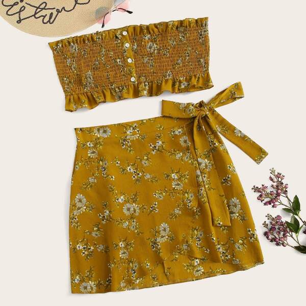 

Plus Ditsy Floral Lettuce Frill Shirred Tube Top With Skirt