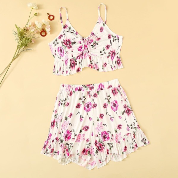 

Plus Floral Print Ruffle Hem Knot Cami Top With Shorts