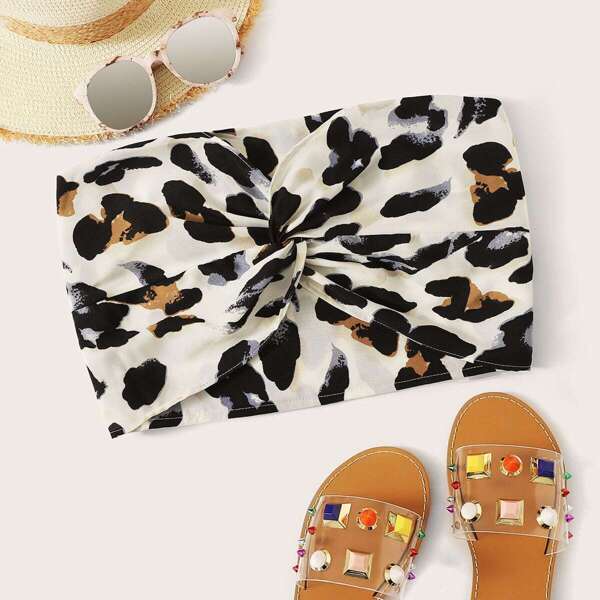 

Leopard Twist Front Shirred Tube Top, Multicolor