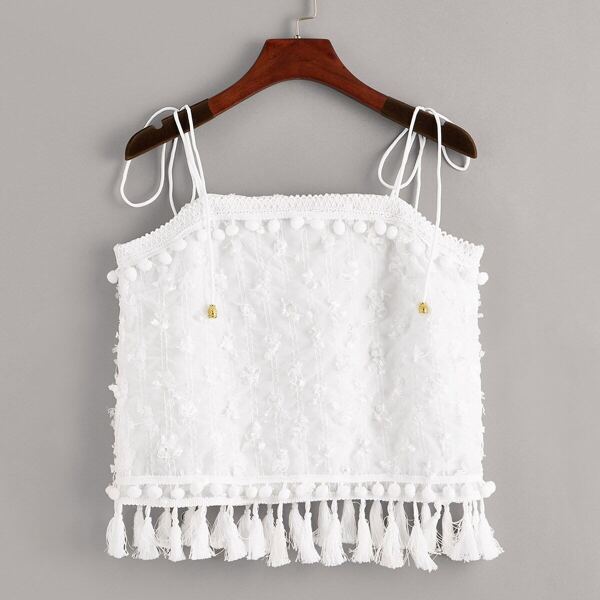 

Embroidery Mesh Pom Pom & Fringe Detail Cami Top