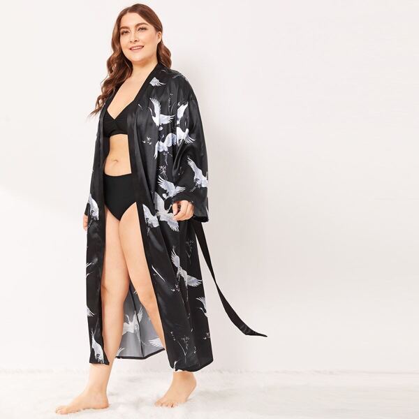 

Plus Crane Print Satin Robe With Belt