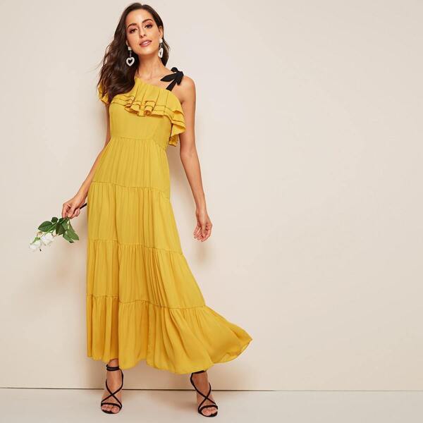 

Tiered Layered Ruffle Trim Asymmetrical Neck Chiffon Dress
