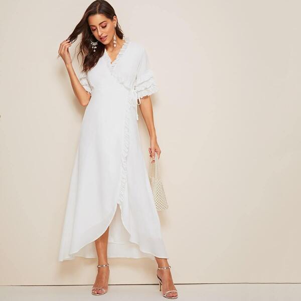 

Ruffle Trim Knot-side Wrap Dress