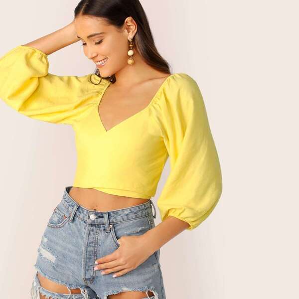 

Neon Yellow Cross Wrap Sweetheart Crop Top