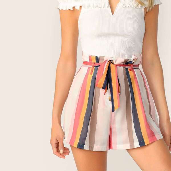 

Paperbag Waist Striped Buttoned Fly Shorts