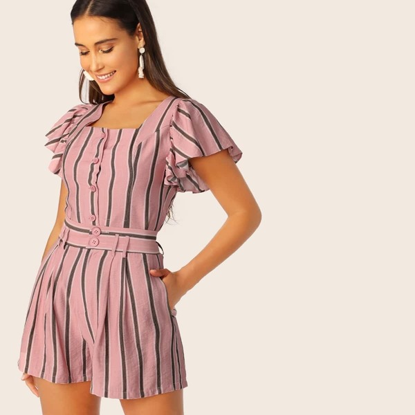 

Flutter Sleeve Striped Shirt and Slant Pocket Shorts Set, Pink