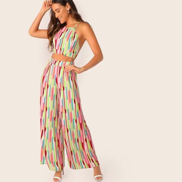 

Crisscross Tie Back Striped Halter and Pants Set