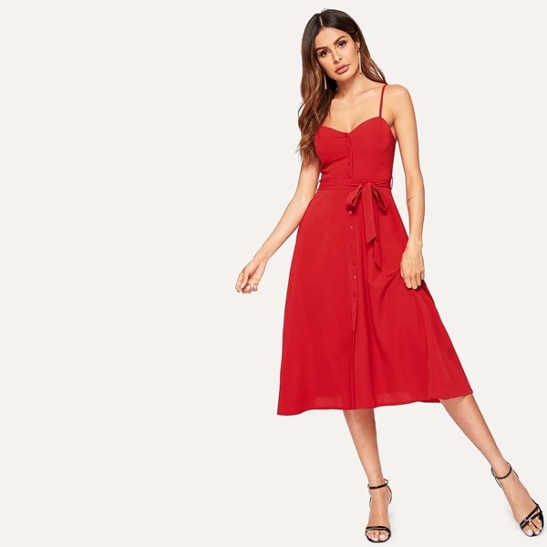 

Button Front Solid Belted Slip Dress