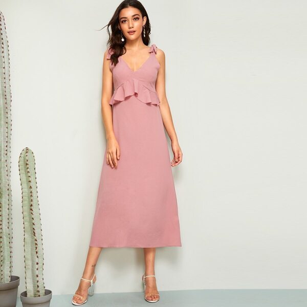

Plunging Tie Strap Peplum Shirred Back Dress