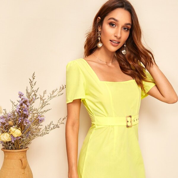 

Square Neck Buckle Belted Dress, Yellow