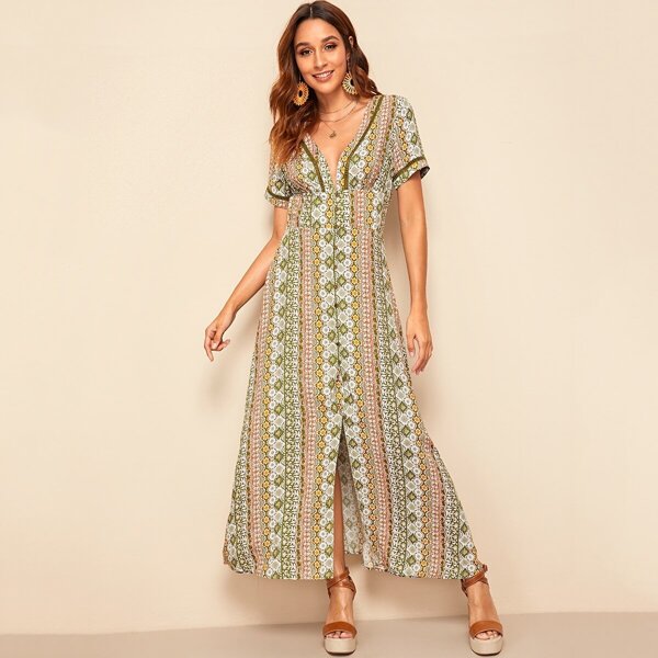 

Plunging Aztec Print Tea Dress