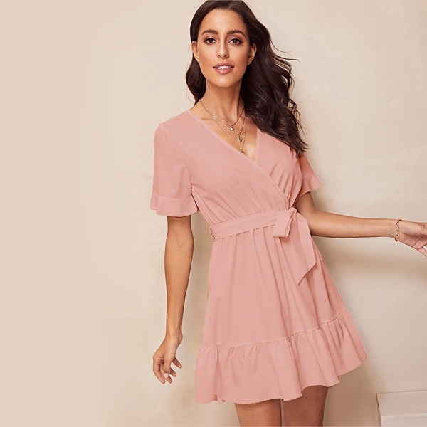 

Plunging Self Belted Flounce Sleeve Flippy Hem Dress, Pink pastel