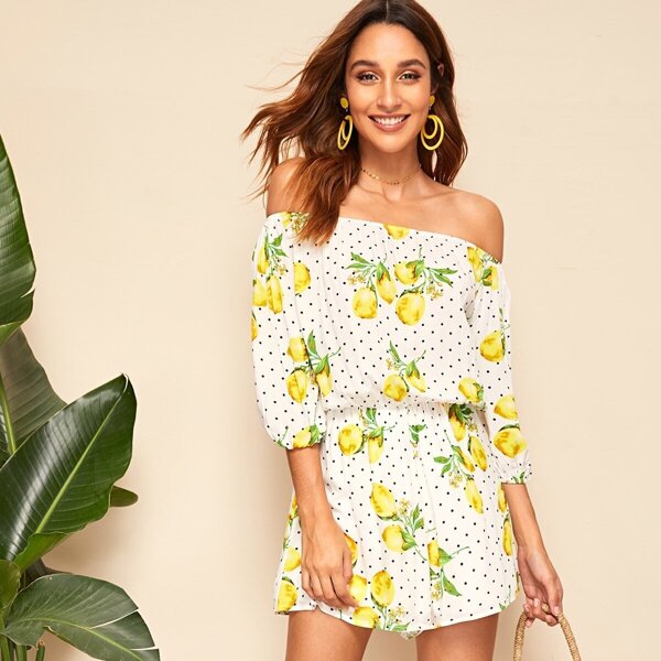 

Lemon And Dot Balloon Sleeve Off Shoulder Romper, Multicolor