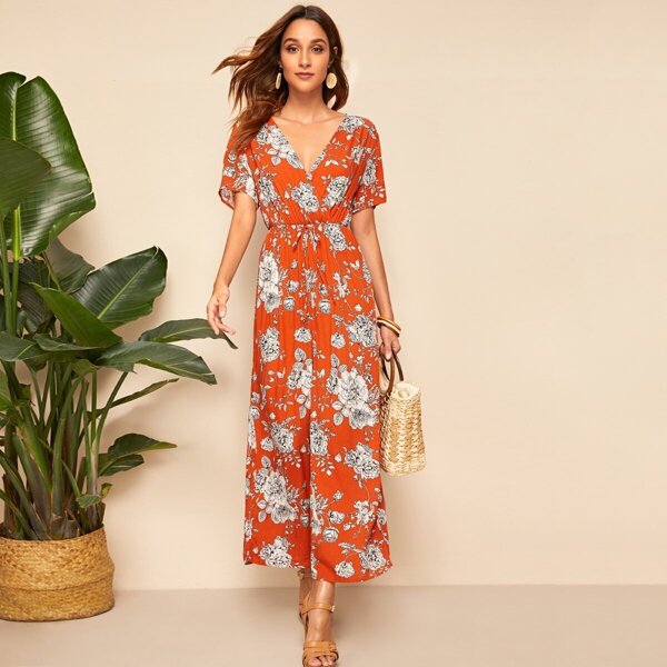 

Surplice Neck V-cut Back Wide Leg Jumpsuit