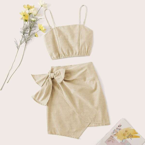 

Shirred Back Cami & Tie Side Striped Wrap Skirt Set