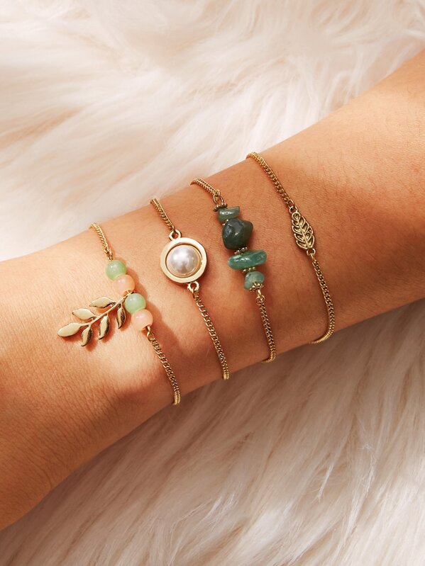 

Leaf & Stone Detail Chain Bracelet 4pcs, Multicolor