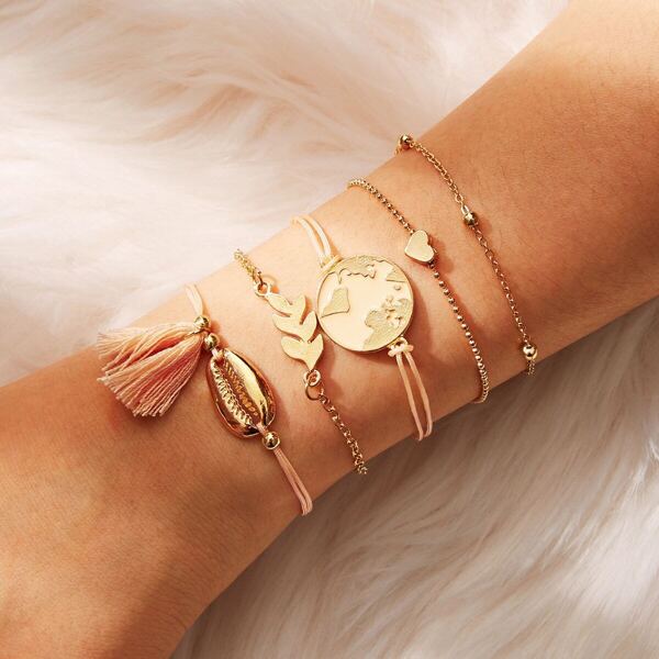 

Seashell & Heart Detail Bracelet 5pcs, Pink
