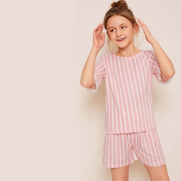 

Girls Lace Trim Striped Pajama Set, Pink pastel